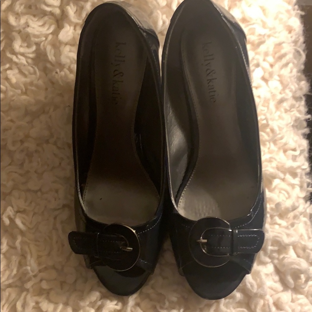 Kelly & Katie Navy Patent Buckle Peep Toe Heals